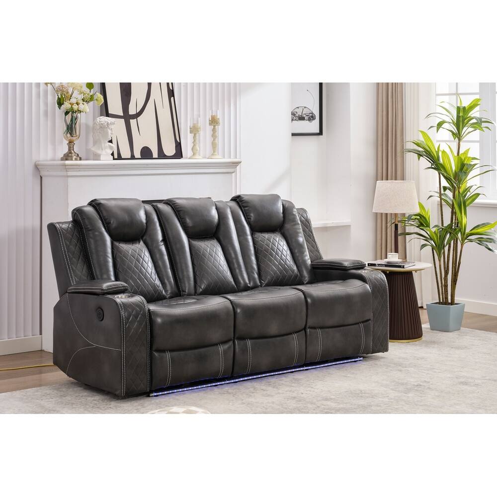 Le070 Power Reclining Sofa With Ddt / Led Strip / Reading Light / Usb Charging Port / Cup Holders / Storage Grey Color