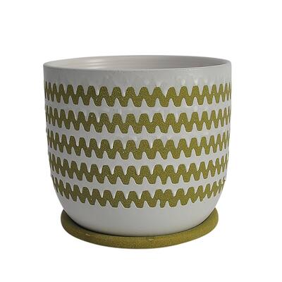 Ceramic, 8" Zigzag Planter with Saucer, Olive - 8" x 8" x 7"