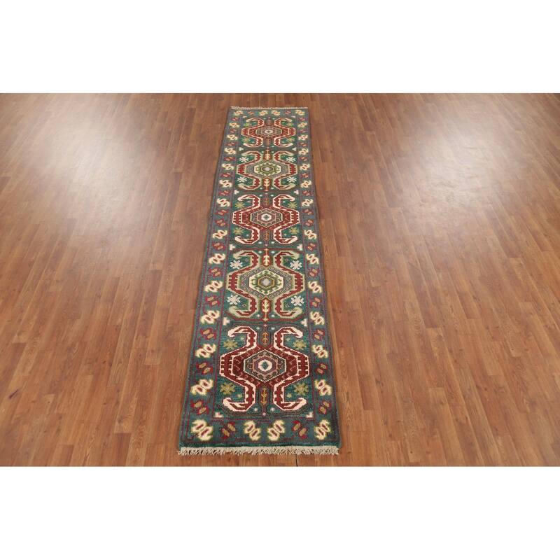 Green Geometric Kazak Indian Runner Rug Handmade Wool Carpet - 2'5"x 9'10"