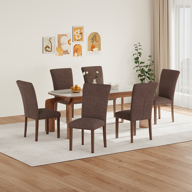 RENEWLINE Dining Chairs, Fabric with Nailhead Trim and Wood Legs - Set of 6 - F-Brown