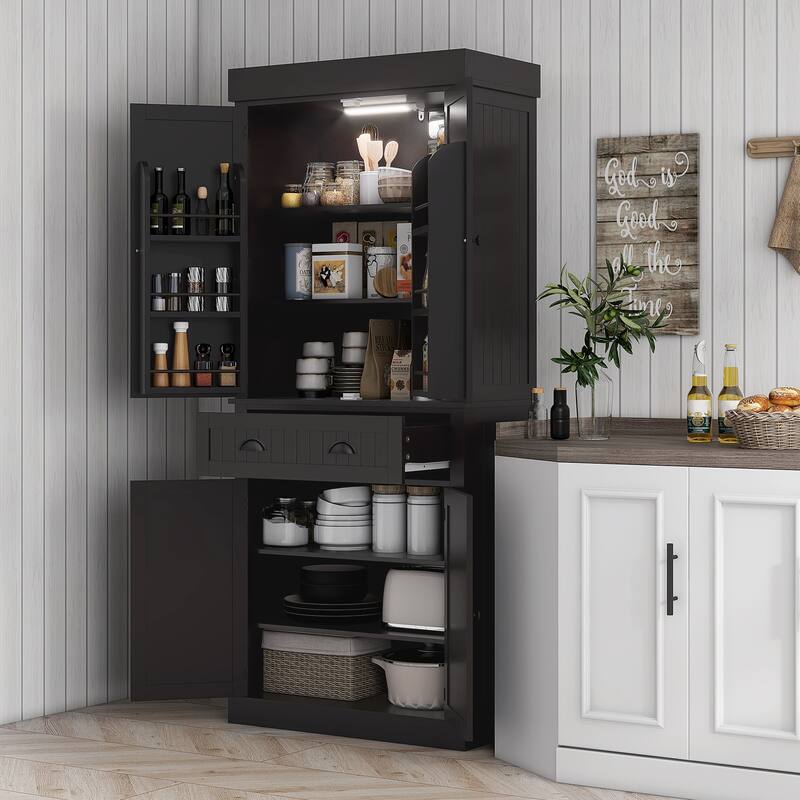 HOMCOM 71" Kitchen Pantry Cabinet with Motion Sensor Light, Tall Storage Cabinet with 6 Door Shelves - Black