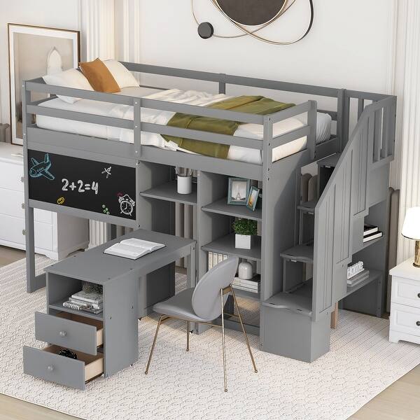 slide 2 of 15, Twin Size Slat Support Loft Bed with 4-Tier Built-in Shelves, Pull-Out Desk, Storage Stairs, Blackboard for Kids Teens - Grey Grey - Twin