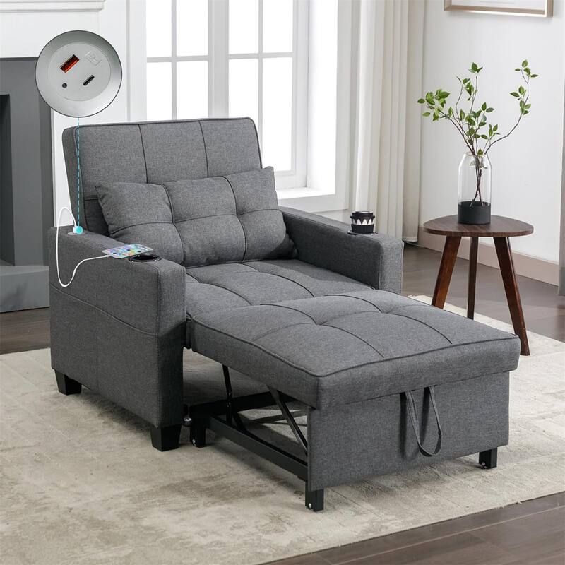 3-in-1 Pull out Convertible Futon Sleeper Armchair Beds with USB Ports