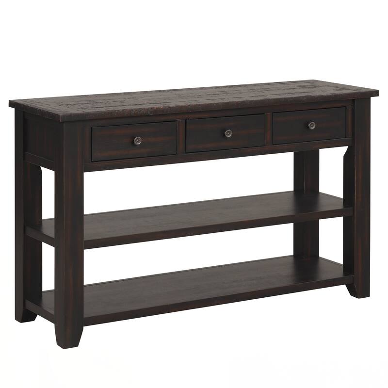 48'' Solid Pine Wood Top Console Table, Modern Entryway Sofa Side Table with 3 Storage Drawers and 2 Shelves