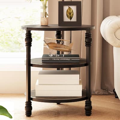 Round End Table, Small Side Table with 3 Shelves