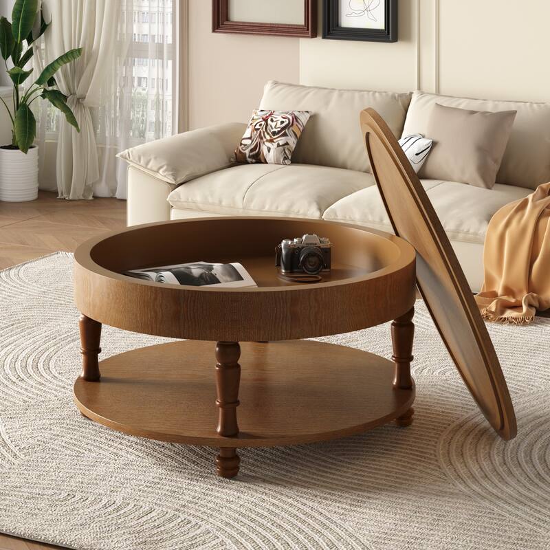 Roomfitters 31.5" Round Coffee Table, Storage Center Table with Hidden Compartment for Living Room