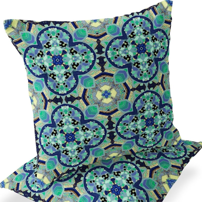 HomeRoots Set of Two 16" X 16" Blue and Green Blown Seam Floral Indoor Outdoor Throw Pillow - 16.00' X '16.00' X '5.00