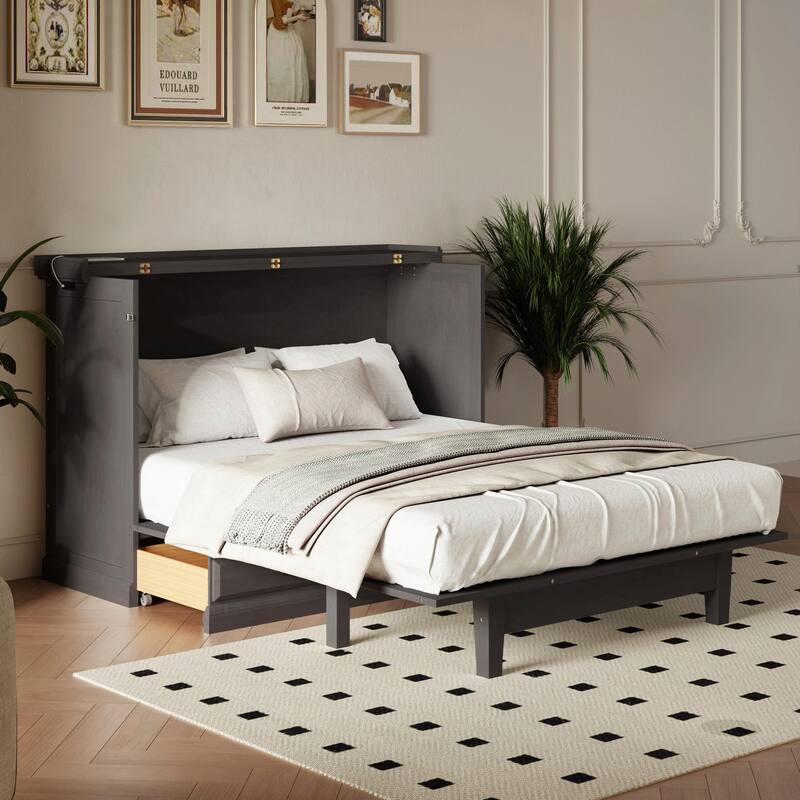 Solid Pine Murphy Bed Chest - Cube Cabinet Bed with Charging Station and Large Storage Drawer