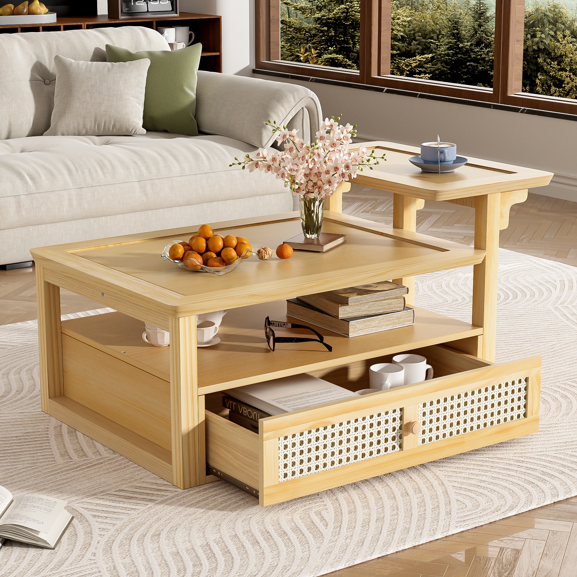 Anmytek Modern Coffee Table with Rattan Drawer 2 Tabletops Storage Shelf Living Room