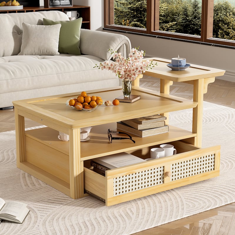Anmytek Modern Coffee Table with Rattan Drawer 2 Tabletops Storage Shelf Living Room - MDF - Natural