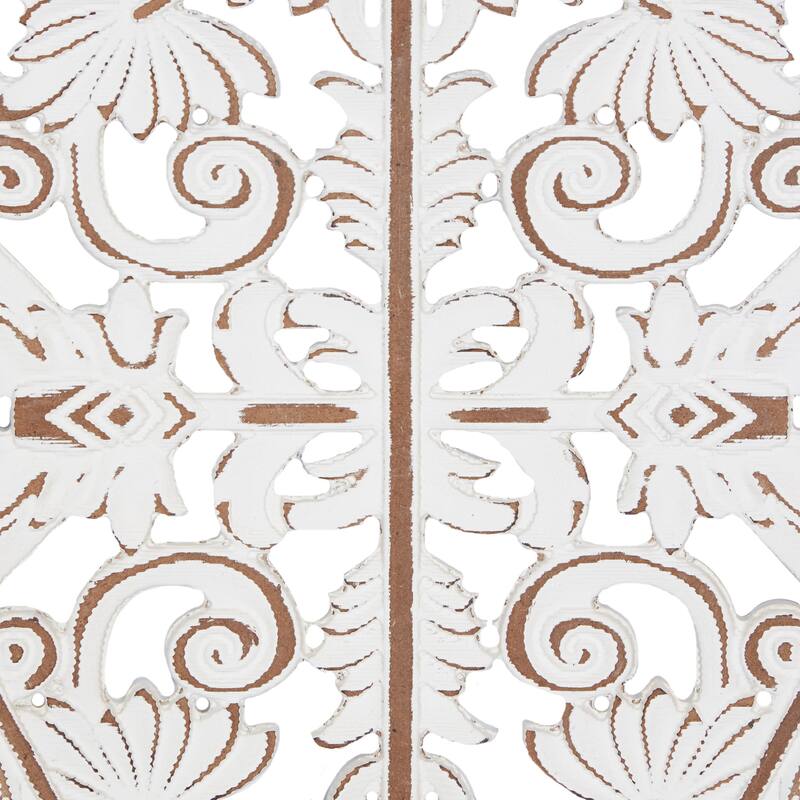 Wooden Floral Carved Design Home Wall Decor with Ring Hanger - Set of 3 White - Roche River Decor
