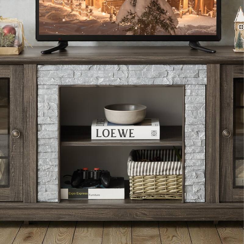 58" Modern TV Stand with Faux Stone Surround, Media Console Cabinet with 2 Doors and Shelves for TVs up to 75"