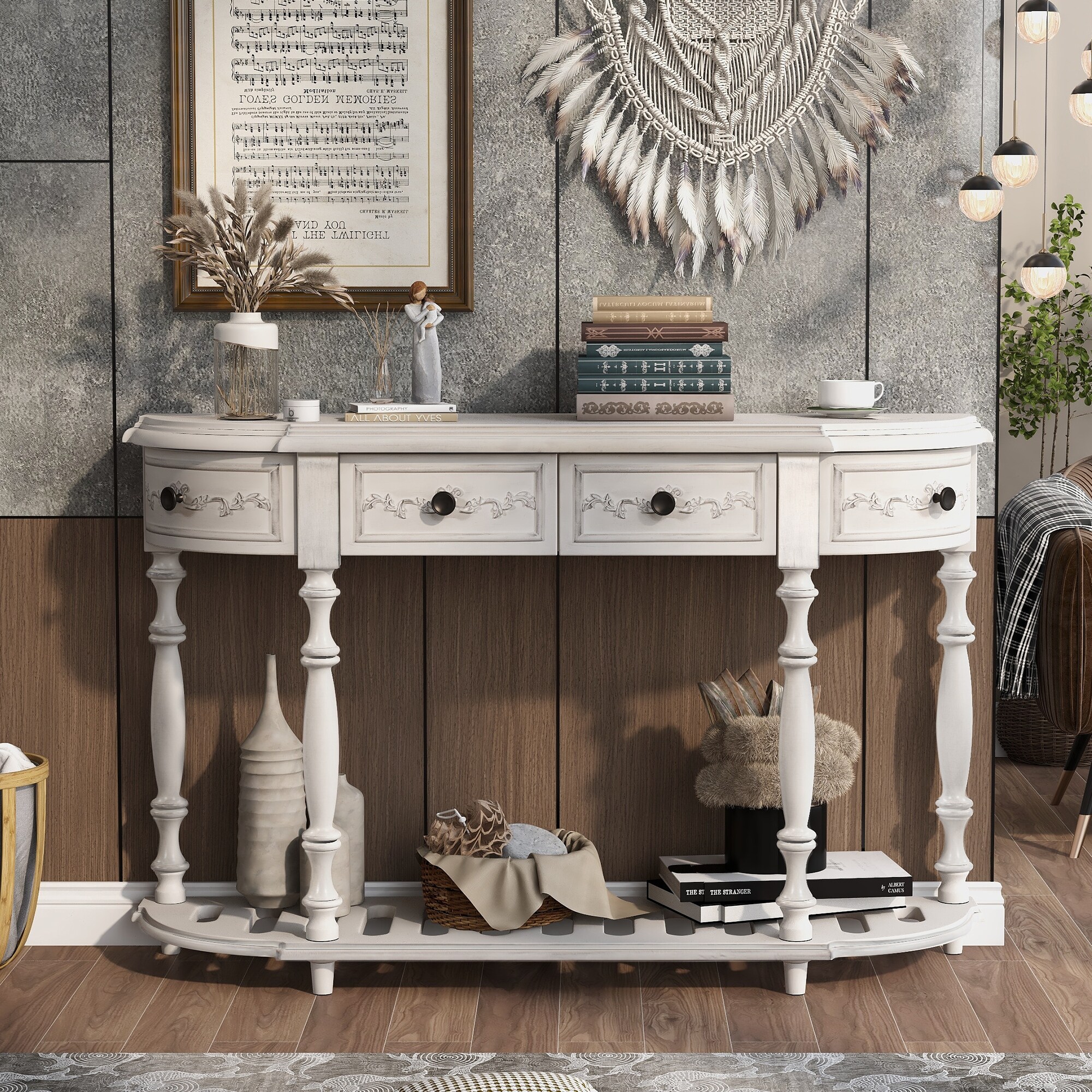 52'' Modern and Contemporary Curved Console Table Sofa Table Entryway Table for Hallway Living Room with 4 Drawers and 1 Shelf