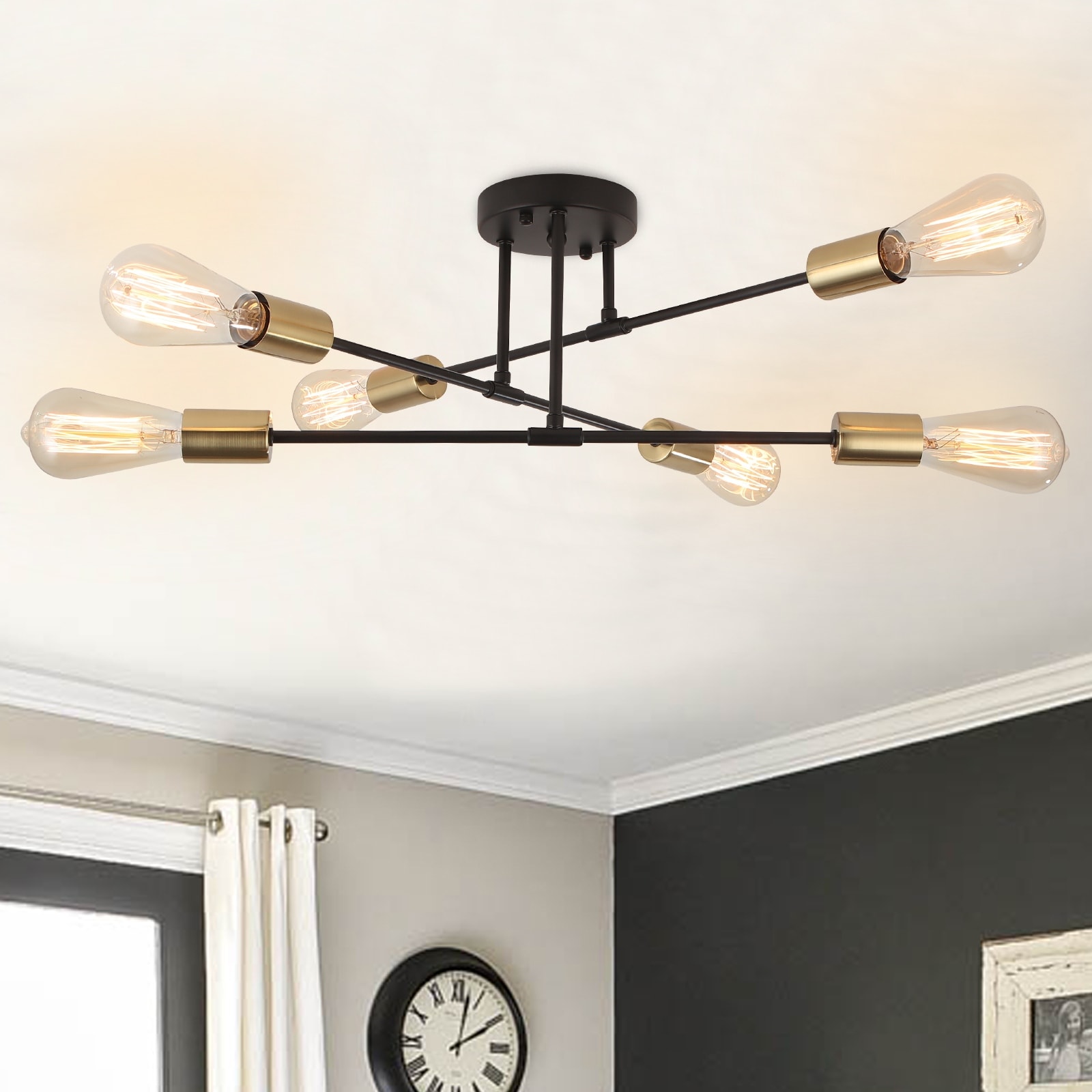 6-Light Modern Sputnik Ceiling Light Fixture, Industrial Semi Flush Mount Ceiling for Living Room, Closet