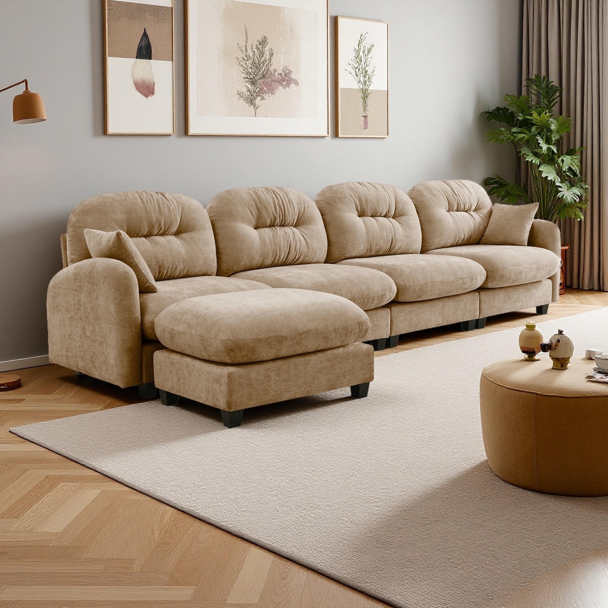 140" Chenille Modular L-Shaped Sectional Sofa with Ottoman & Tufted Backrest