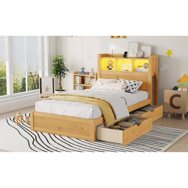 Roomfitters Twin/Full Platform Bed, LED Bookcase Headboard and Pull Out Storage Drawers with Wooden Frame for Bedrooms