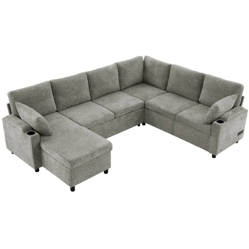 U-Shaped Chenille Sectional Sofa with Storage Chaise Lounge, Convertible Sleeper Sofa Bed with Cup Holders & Charging Ports