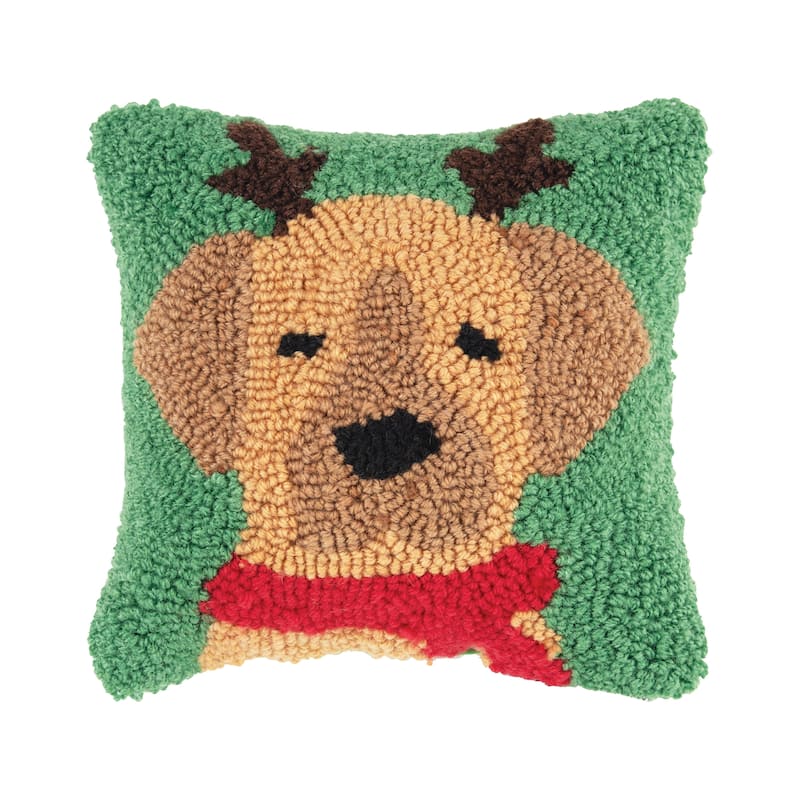 8" x 8" Christmas Golden Brown Puppy Dog with Reindeer Antlers on Green Background Petite Accent Hooked Throw Pillow