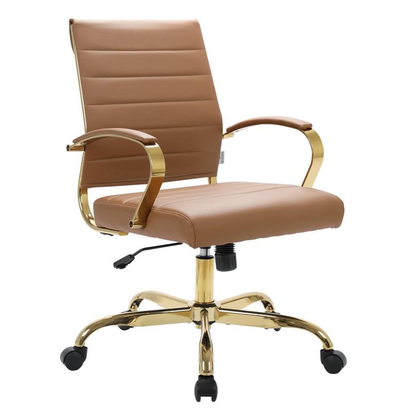 Benmar Mid-Back Leather Office Desk Chair in Gold Stainless Steel Frame Adjustable Height Tilt Lock 360 Swivel Ergonomic Chair - Brown