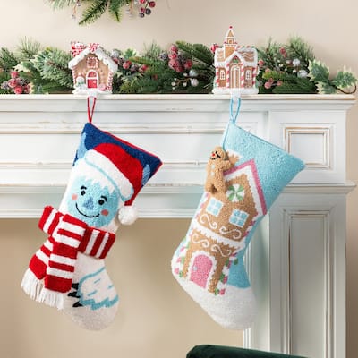 Glitzhome 21"L Hooked Yeti Gingerbread House Stocking with Gingerbread Man Ornament