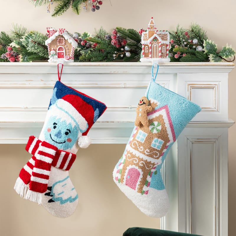 Glitzhome 21"L Hooked Yeti Gingerbread House Stocking with Gingerbread Man Ornament