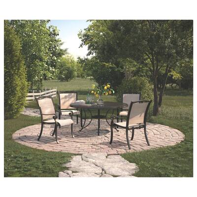 Bass Lake 5-Piece Outdoor Dining Set - 4 Sling Chairs & Round Dining Table - Beige & Brown