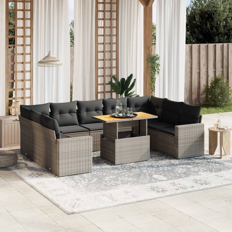 vidaXL Patio Sofa Set with Cushions Table and Sofa Modules 10 Piece Poly Rattan - 21.7 x 39.4 x 28.7 - Grey  - form1