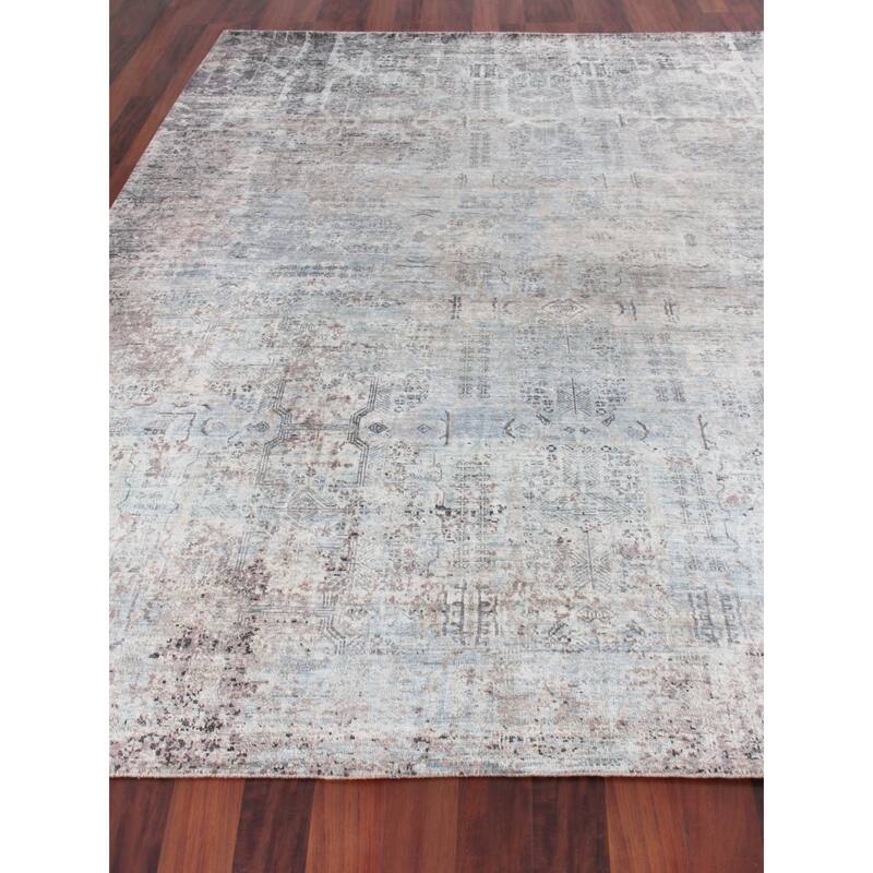 EXQUISITE RUGS Fine Pure Silk Hand-knotted Silk Ivory/Dark Grey/Multi Area Rug.