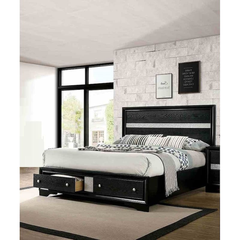 Contemporary Black Finish 1pc Footboard Drawers Bed