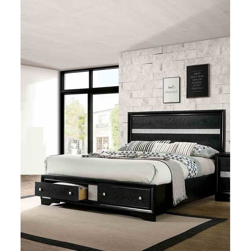 Contemporary Black Finish 1pc Footboard Drawers Bed