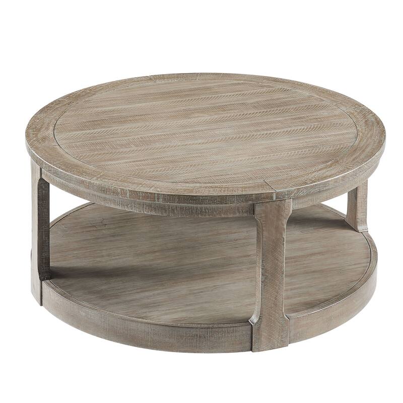 GDF Studio - Rustic Solid Wood 40" Two-Tier Round Coffee Table with Wheels