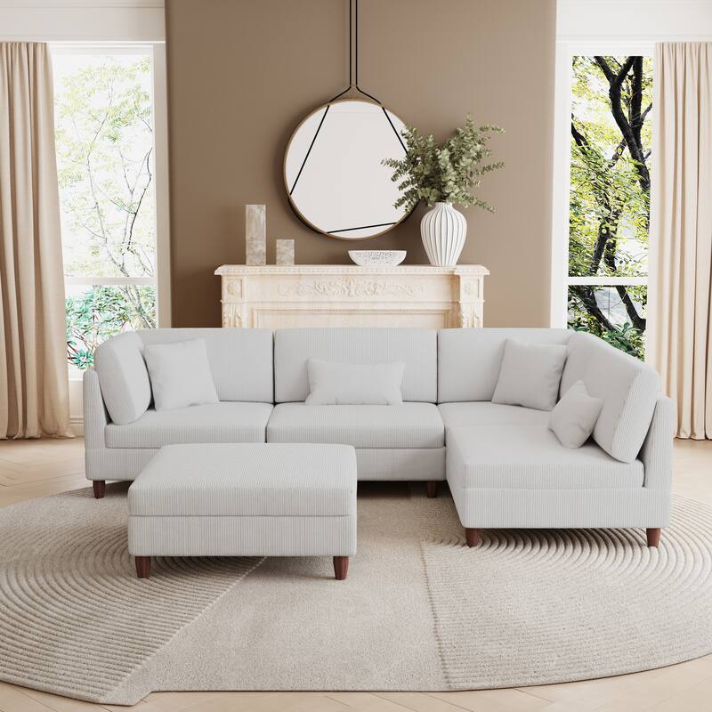 Corduroy Convertible Couch Modular Sectional Sofa with Ottoman