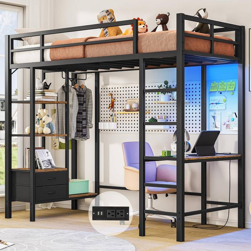 Loft Bed with Desk Gaming Bunk Bed LED Lights Charging Station - Brown - Twin