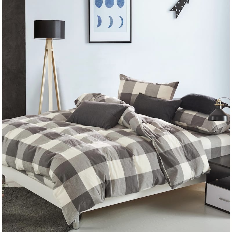 Cotton Plaid Windowpane Check 3-piece Duvet Cover Set - Gingham Grey - King