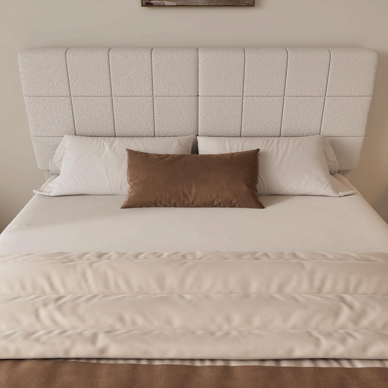White Bouclé Floating Bed with Ambient Light