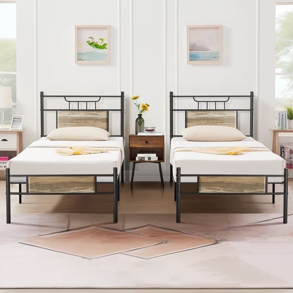 slide 2 of 21, VECELO Industrial Kids Bed Frame with Wood Headboard,Twin Size Bed Set of 2 Slate