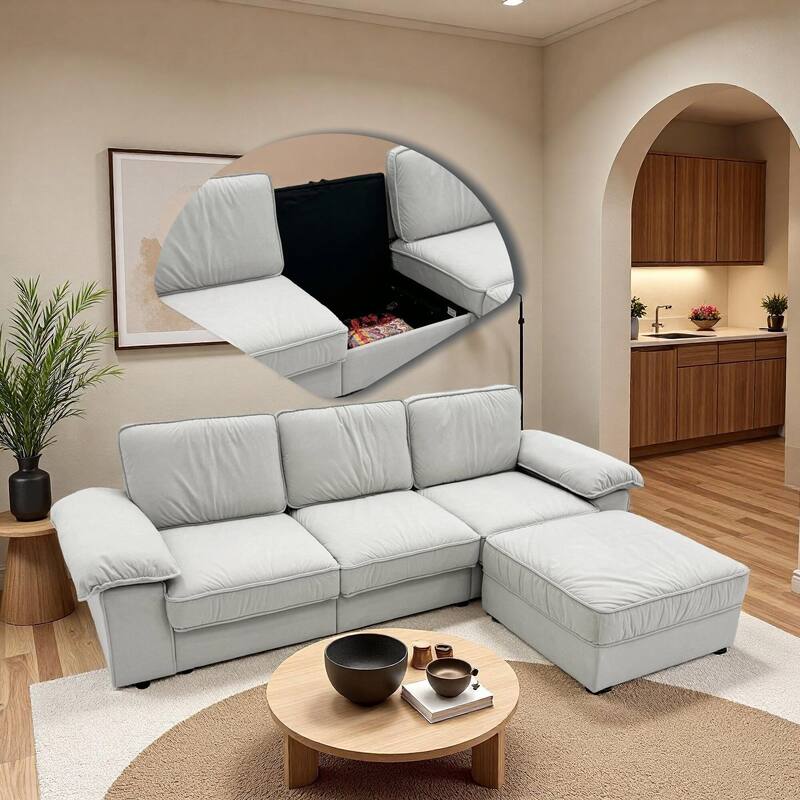 Upholstered L-Shaped Sectional Sofa Couch with Ottoman, Modern Fabric Deep Seat Sofa