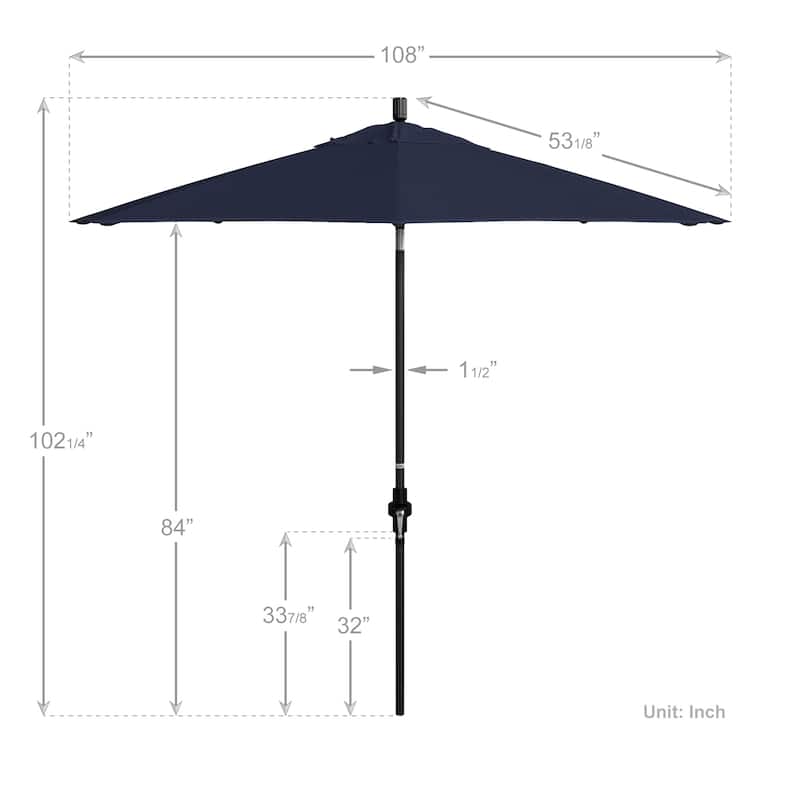 California Umbrella 9' Rd Patio Umbrella Black Aluminum Frame Fiberglass Ribs Crank Lift Collar Tilt, Olefin Royal Blue Fabric