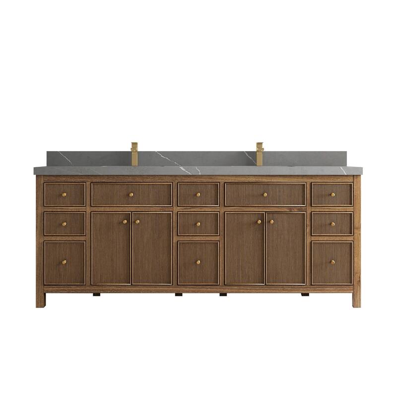 Willow Collections 84 in. W x 22 in. D Sonoma Teak Double Sink Bathroom Vanity with Countertop - 2" Piatra Gray - Dark Natural