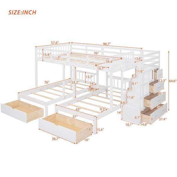dimension image slide 0 of 2, Full Over Twin & Twin Wood Triple Bunk Bed with Drawers and Guardrails, Gray
