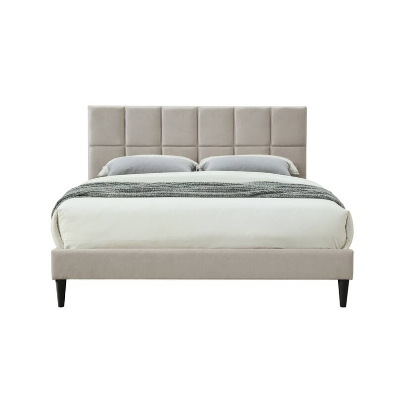 Queen Bed in a Box with USB Charging & Squares Design Headboard, Light Gray Fabric - Light Gray