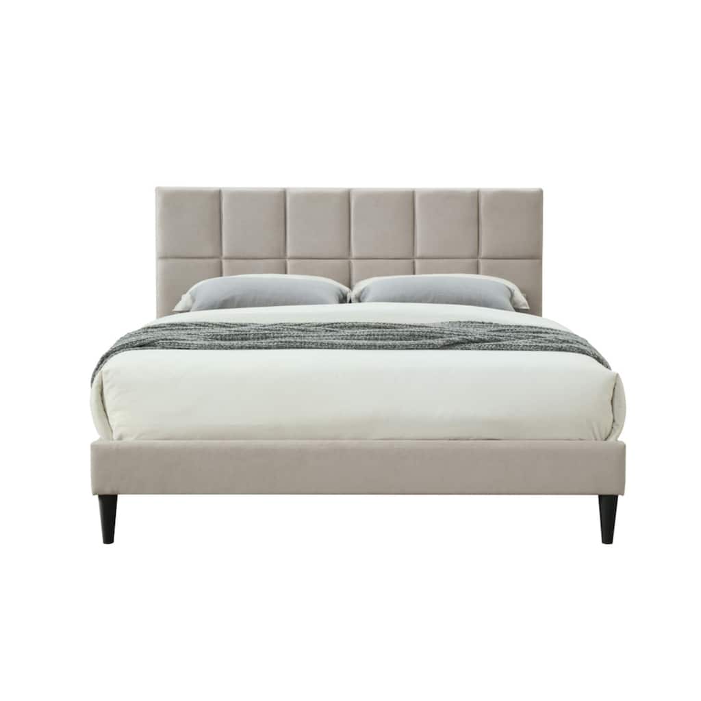 Queen Bed in a Box with USB Charging & Squares Design Headboard, Light Gray Fabric