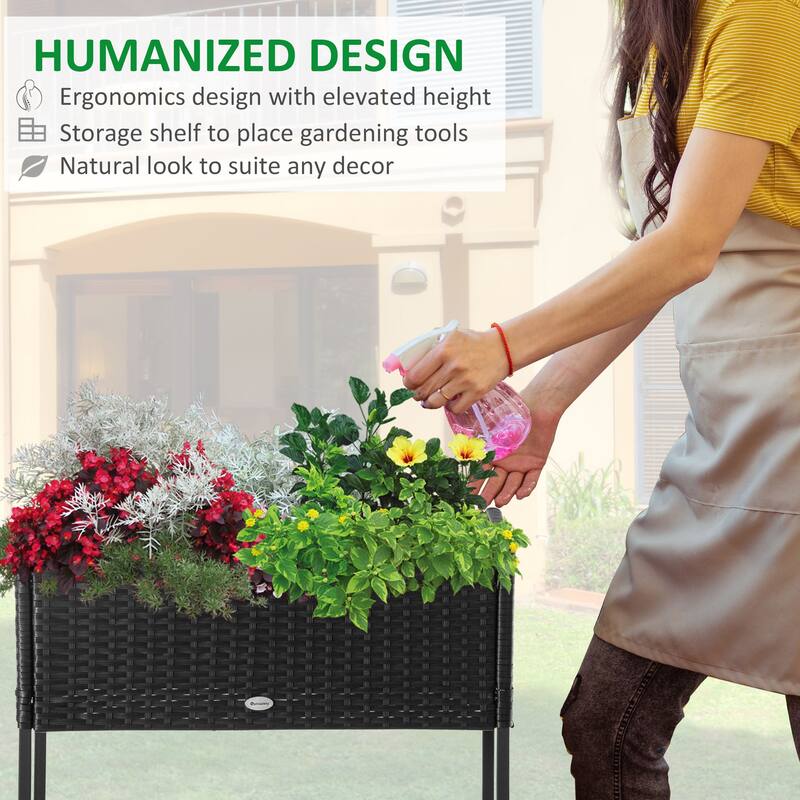 Outsunny Elevated Metal Raised Garden Bed with Rattan Wicker Look, Underneath Tool Storage Rack