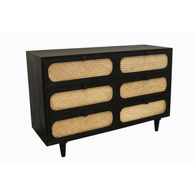 HomeRoots 56" Black And Natural Solid Wood And Rattan Six Drawer Double Dresser