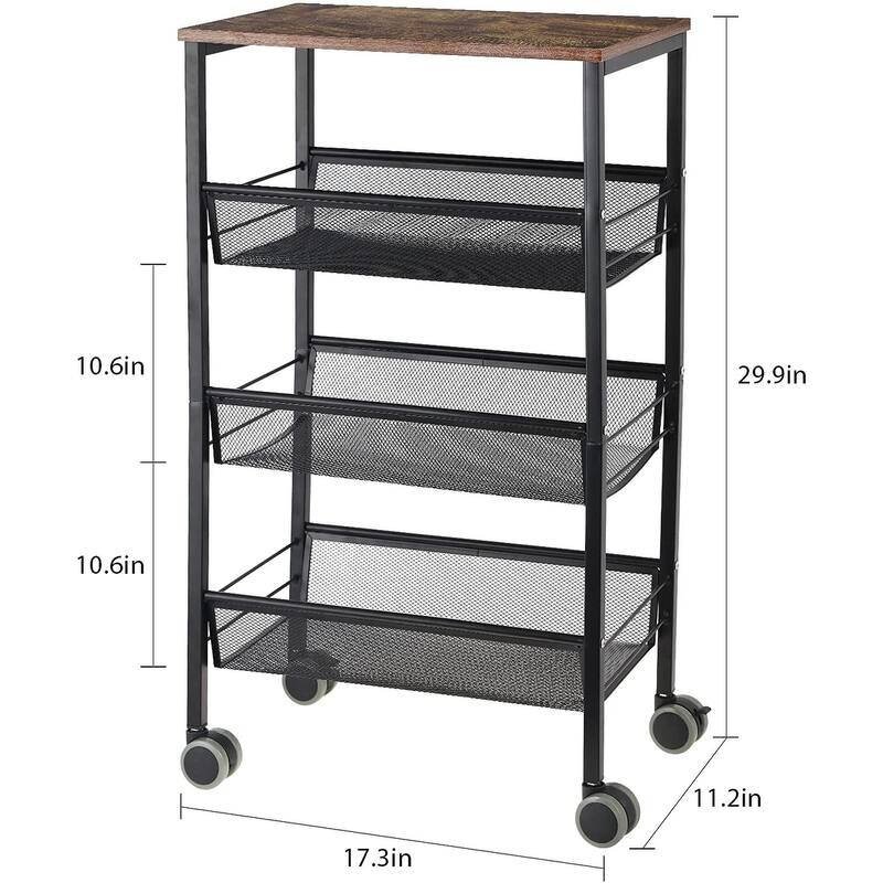 Kitchen Storage Rolling Cart, 4-Tier Kitchen Island Cart on Wheels with Wooden Shelves, Lockable Utility Cart with Mesh Baskets
