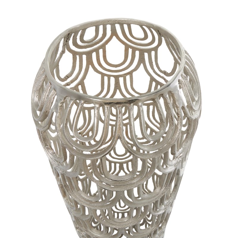 Silver Aluminum Metal Tall Art Deco Inspired Arched Geometric Vase
