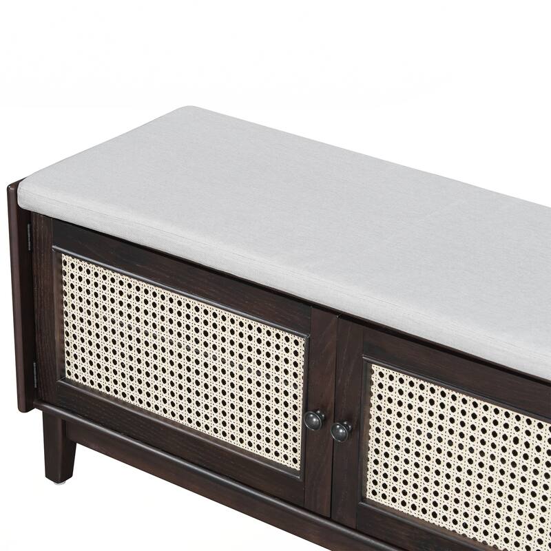 Rattan Entryway Bench with Storage, Cushioned Shoe Bench with Double Doors