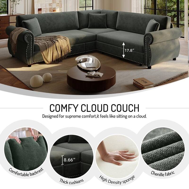88.2" L-Shaped Sleeper Sectional Sofa with Pull-Out Bed - Chenille Convertible Couch, Nailhead Trim, for Living Room