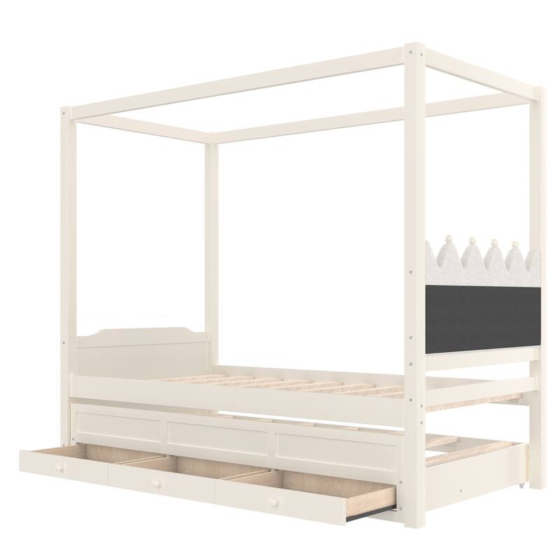 Roomfitters Canopy Bed with Trundle and Drawers, Upholstered Crown Headboard, Solid Wood Frame