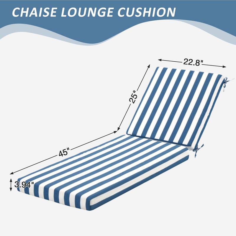 Outdoor Patio Lounge Chair Cushion - Waterproof, UV-Resistant, Striped Design with Removable Cover, Adjustable Straps